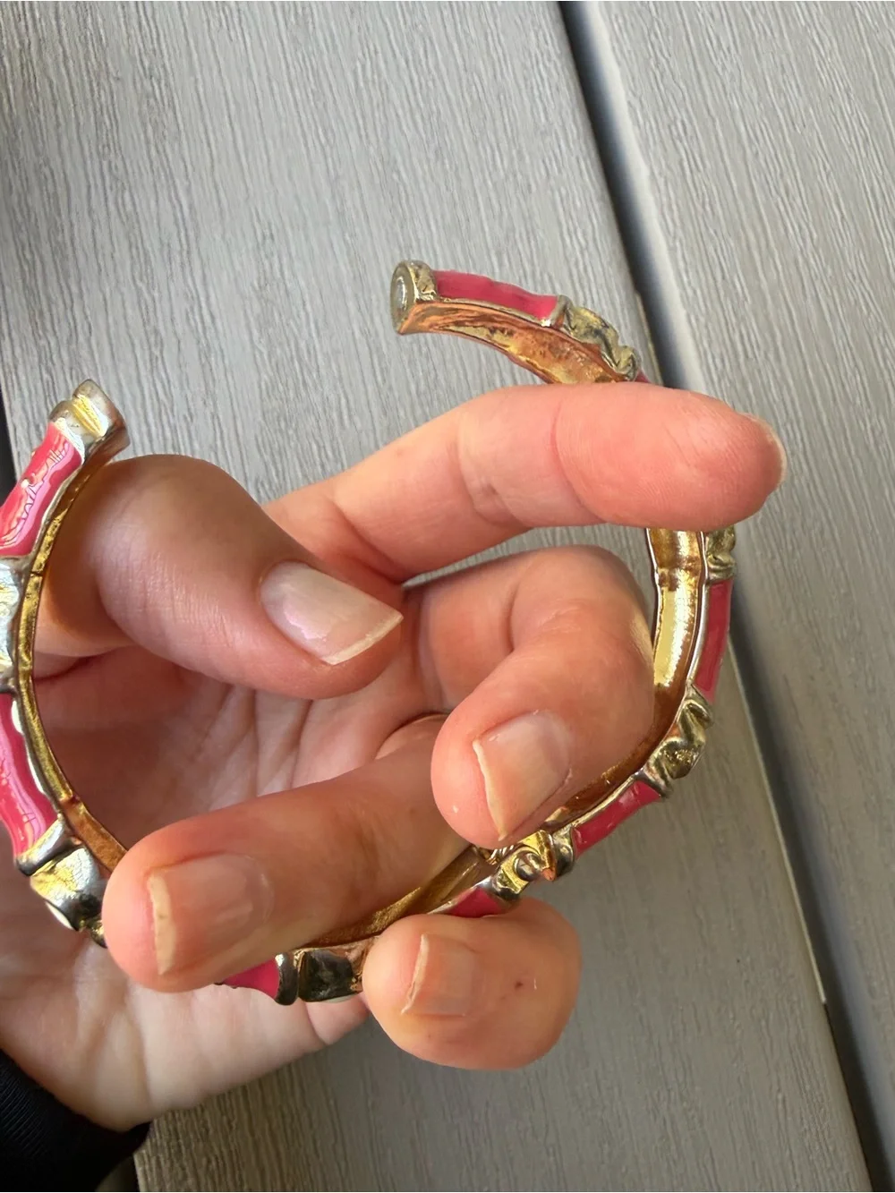 Fornash Pink Enamel Gold Tone Bamboo Hinged Bangle Bracelet